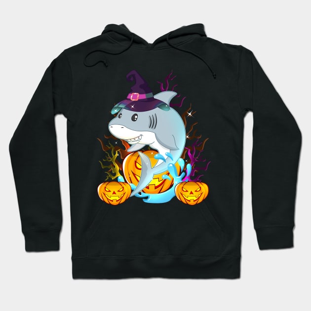 Shark With Witch Hat And Jack O Lantern Halloween Hoodie by TheBeardComic